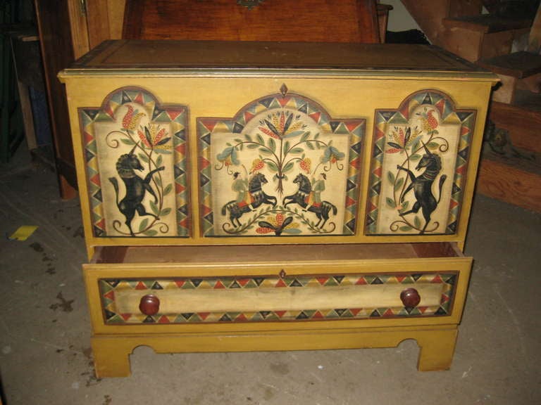 Painted mule chest with Pennsylvania Dutch design by Ralph Cahoon.