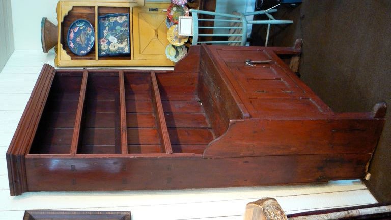 Wood Early American Red Stepback Cupboard