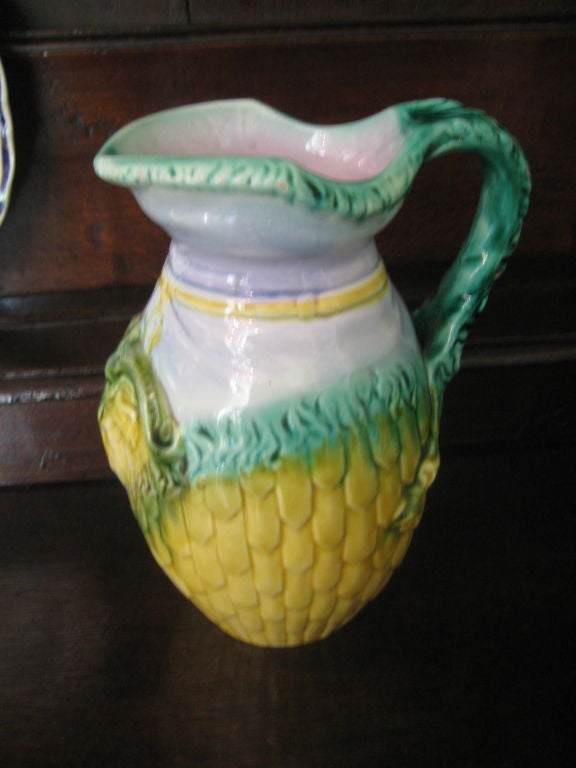 Majolica Ram Pitcher, with mauve interior
