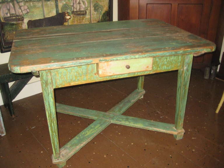 Rustic American scrub pine painted tavern table with stretchers and one drawer.