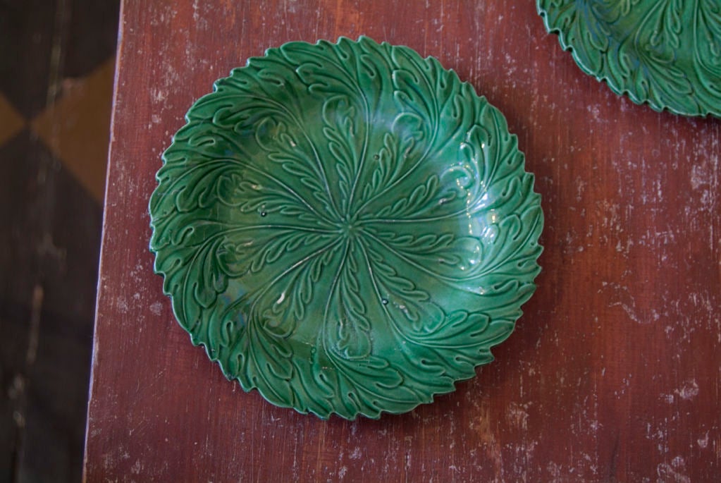 Five Green Majolica Leaf Plates, priced as set, may be sold individually