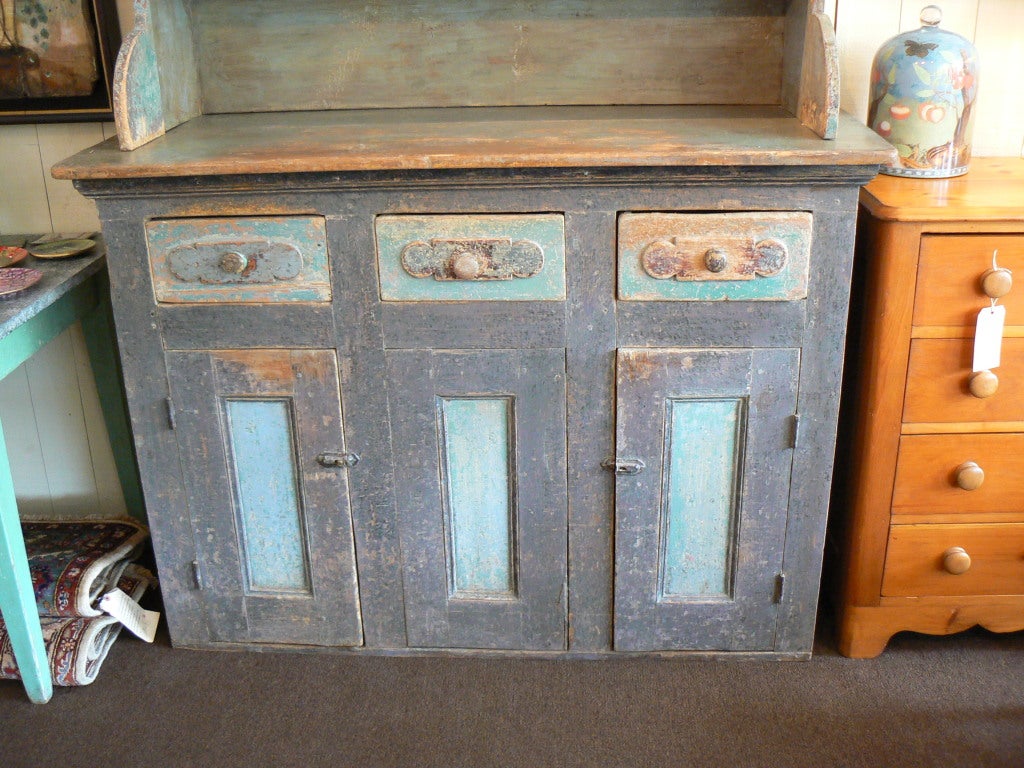 Exceptional Pine Open Step back cupboard in original contrasting paints.  Backboards restored.
