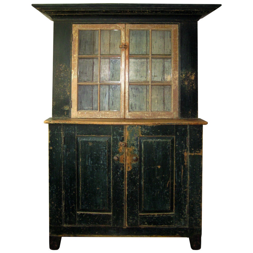19th Century Pine Step Back Cupboard in Green and Cream Paint