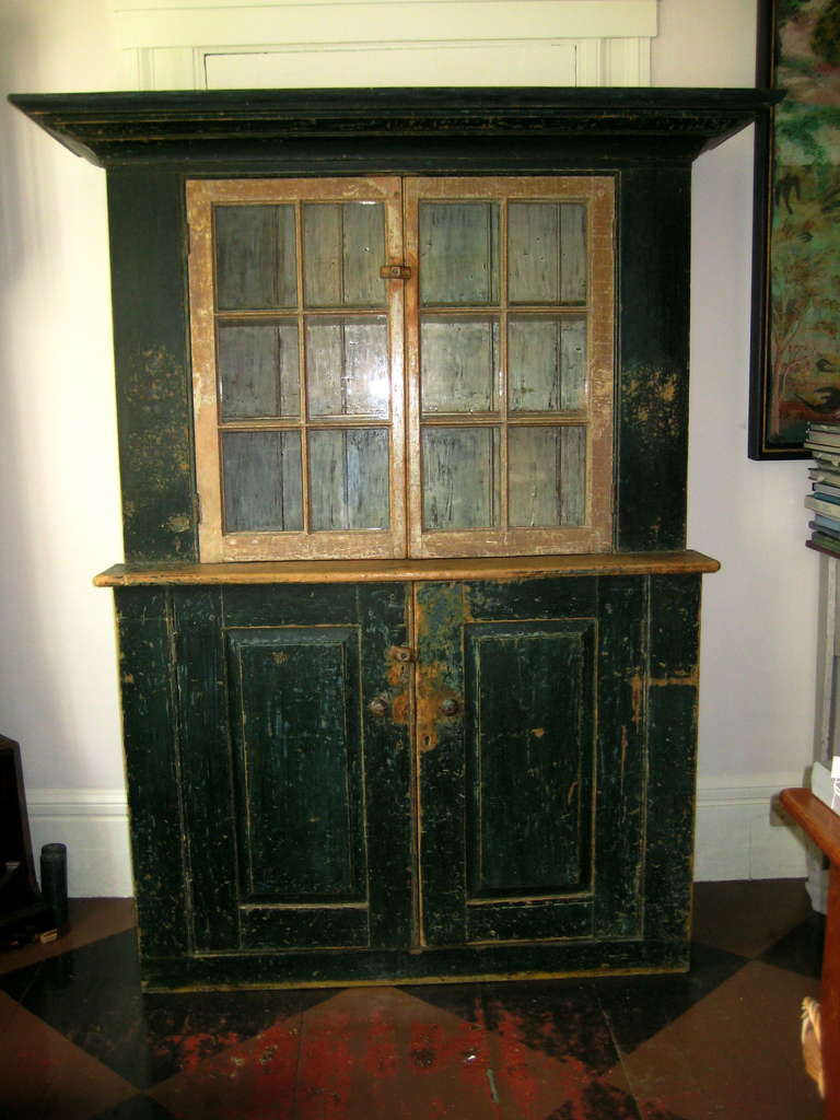 Canadian 19th Century Pine Step Back Cupboard in Green and Cream Paint
