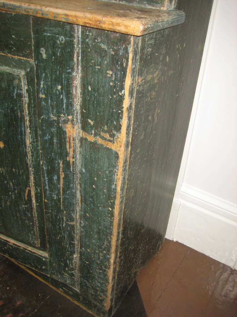 19th Century Pine Step Back Cupboard in Green and Cream Paint 1