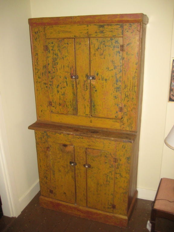 19th Century Yellow Painted Pine Stepback Cupboard
