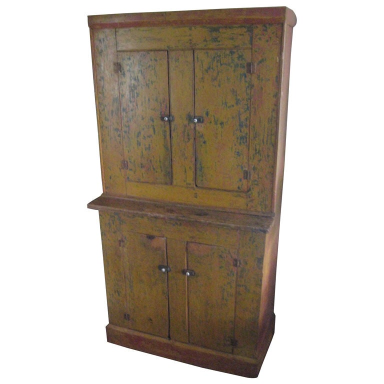 Yellow Painted Pine Stepback Cupboard