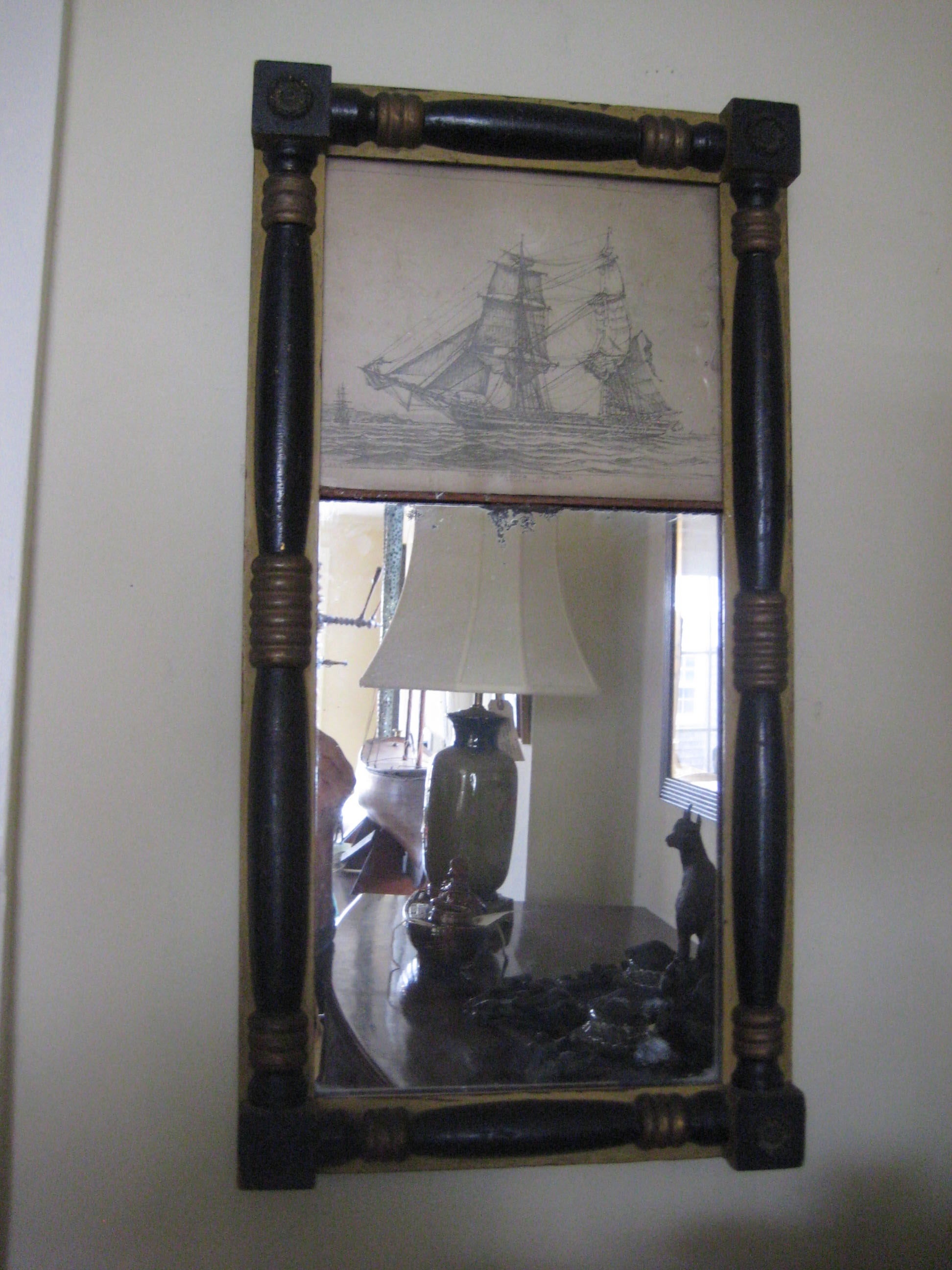 Antique Mirror with print of sailing vessel. For Sale
