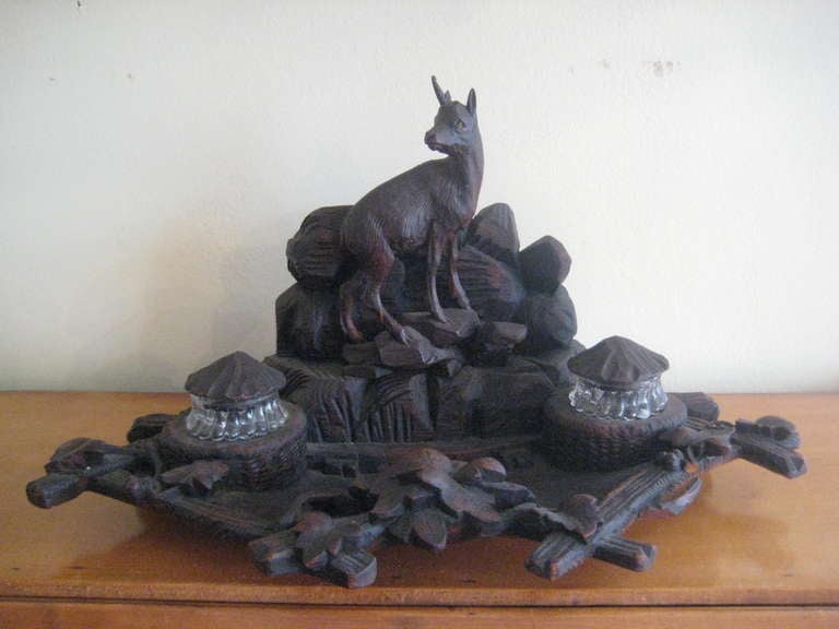 German carved black forest inkwell with deer.