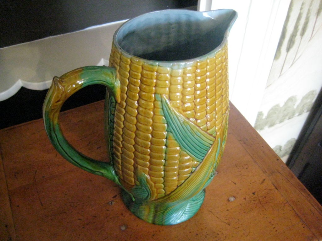 Large Scale English Majolica Corn Pitcher In Excellent Condition In Nantucket, MA