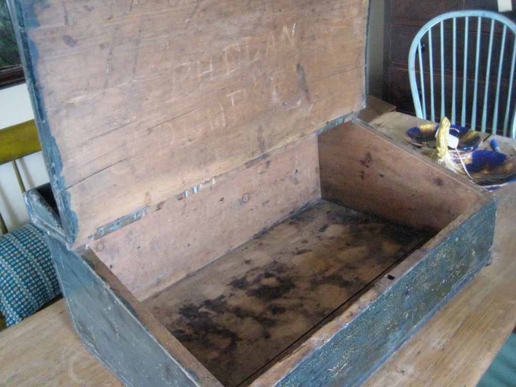 19th Century Pine Slant Top Lap Desk in Old Blue Paint In Distressed Condition In Nantucket, MA