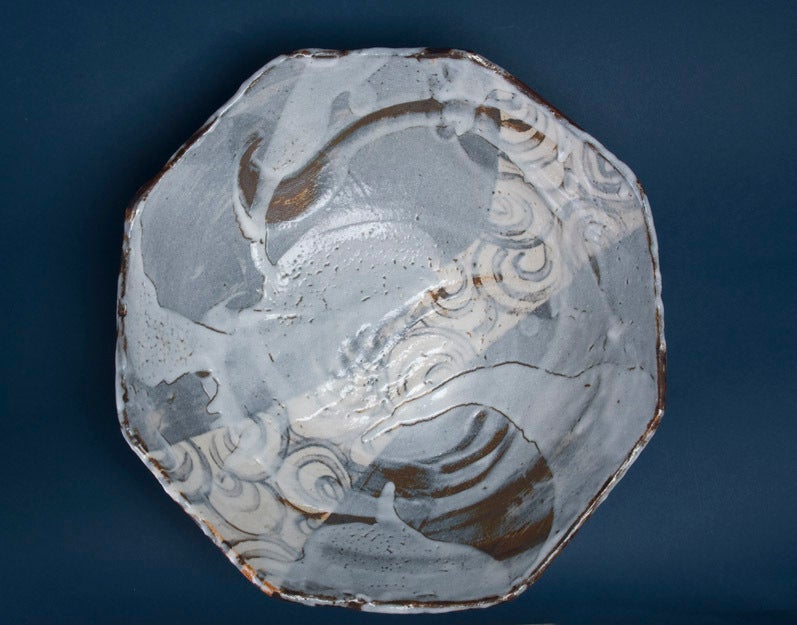 Nezumi Shino Octagonal Large Plate by Touri Maruyama
