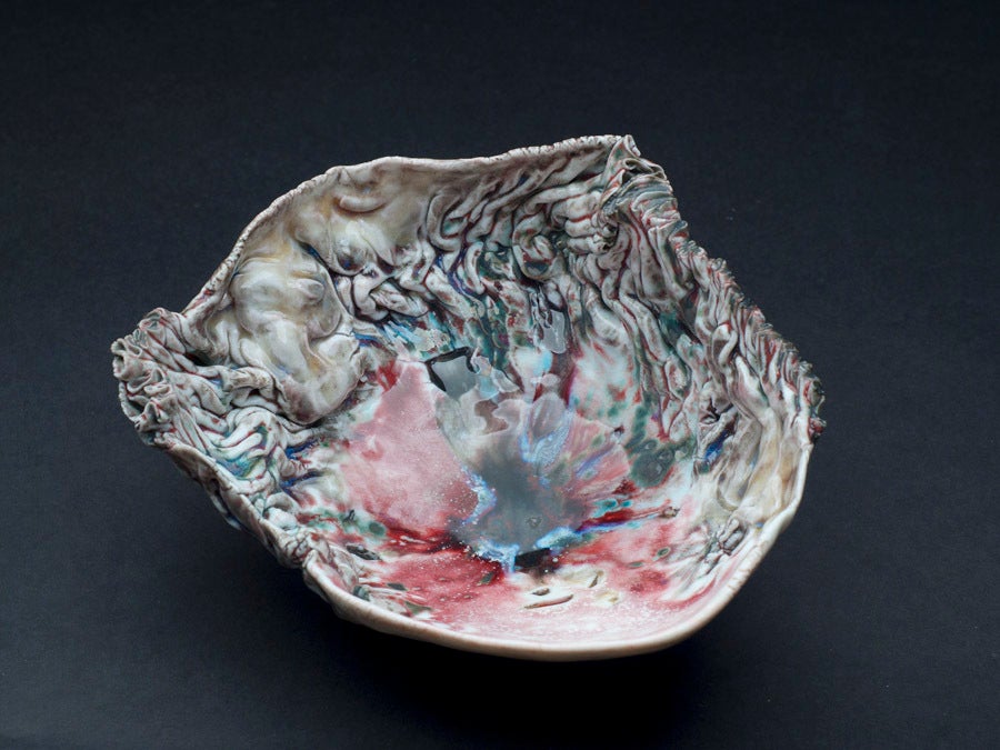 Sculpted Porcelain Chawan with Delicate Folds and Vivid Glaze.