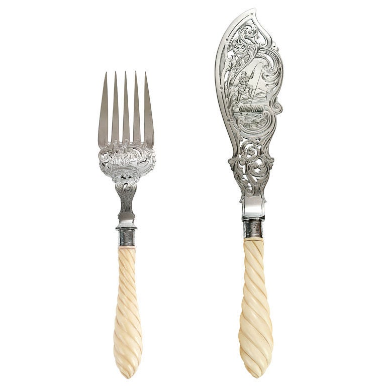 Antique Fish Servers, Silver Plated with Ivory Handle For Sale
