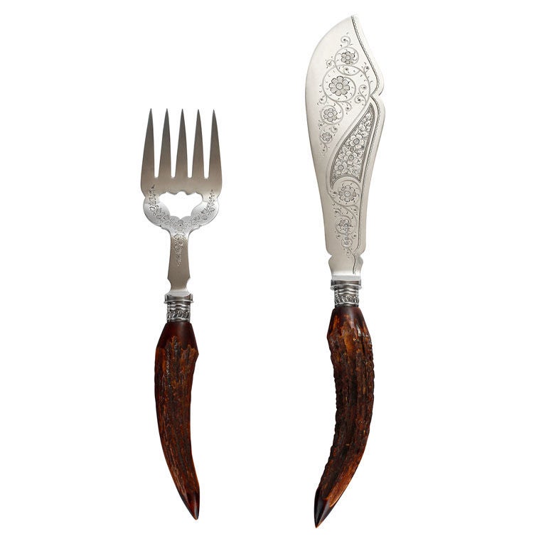 Engraved 19th Century Fish Serving Fork and Knife For Sale