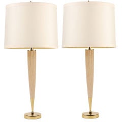 Pair of Piedmont Table Lamps, Limed Oak With Brass Mounts.
