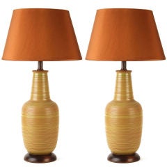 Pair of Mid-Century Pin Stripe Terra Cotta  Table Lamps