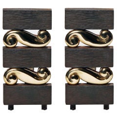 Donald Deskey Faux Bois Andirons with Brass Swirl, Attribution