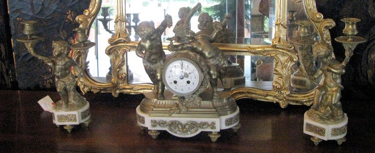 19th Century 3 Piece Cherub Clock with Sconces