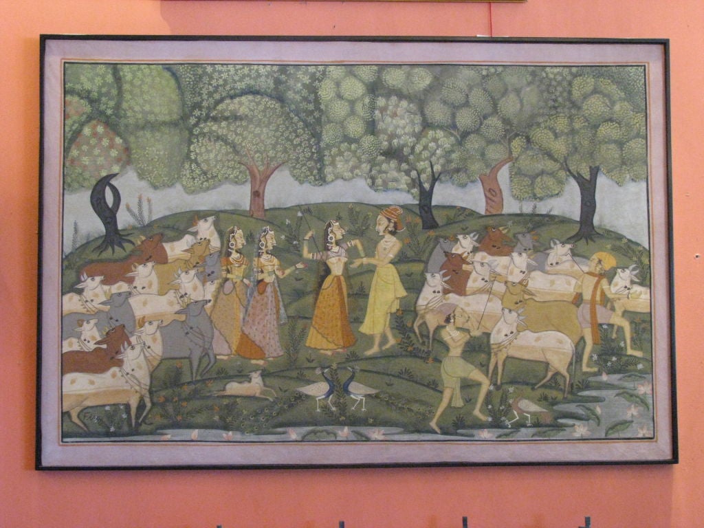 Stunning Pichwai painting on fine cotton, in black wood frame. Pichwai paintings are works of art that are used to adorn the walls of temples.