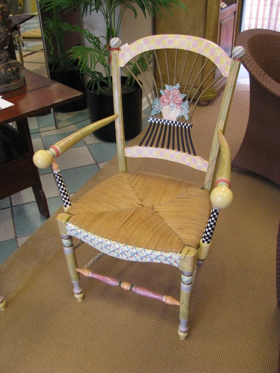 Maple frame chair, woven rush seat, handmade and decorated majolica knobs and hand-painted relief floral tile, artist colors decorations, faux marble, gold dust banding and hard lacquer finish.