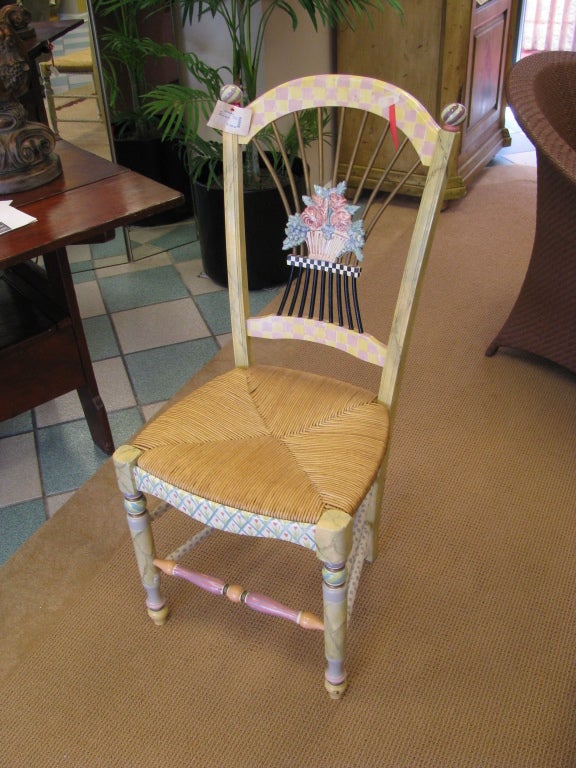 Maple frame chair, woven rush seat, handmade and decorated majolica knobs and hand-painted relief floral tile, artist colors decorations, faux marble, gold dust banding and hard lacquer finish.