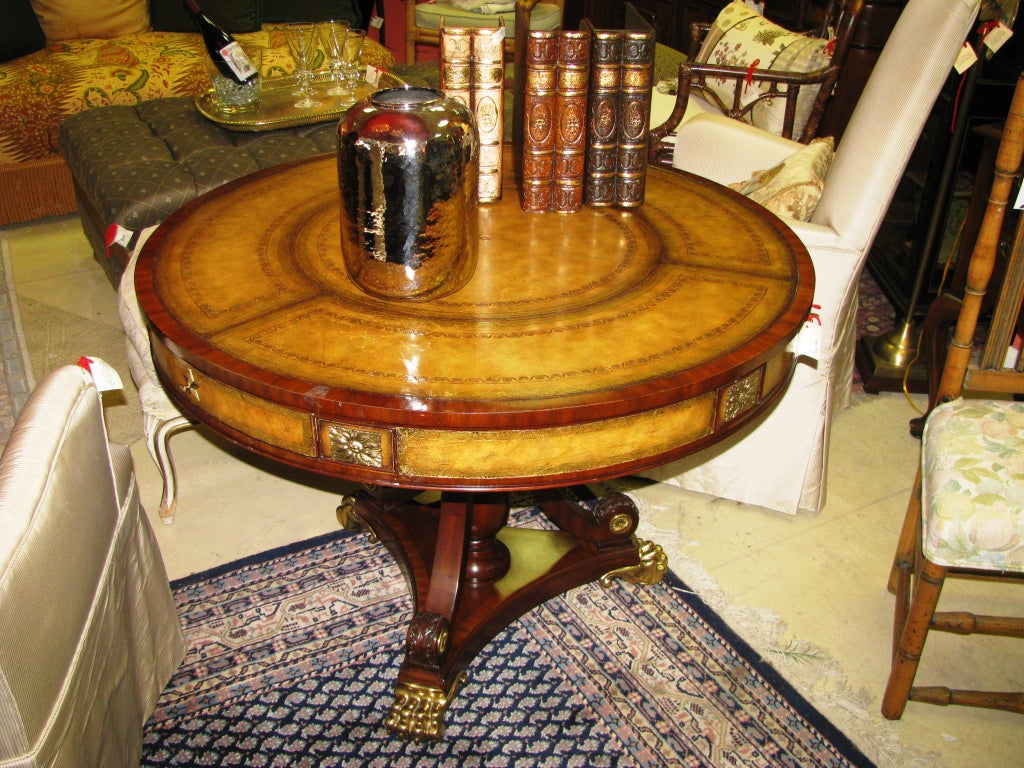 Maitland-Smith Round, Leather Top Table with 3 Drawers 1