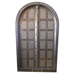 Antique Large Moroccan Wood Door, Elaborate Metalwork