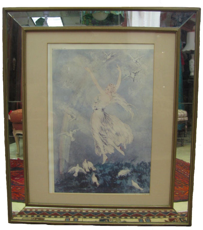 Color Etching by Louis Icart (French, 1888-1950) of a Beautiful Woman with Doves. Signed lower right. 