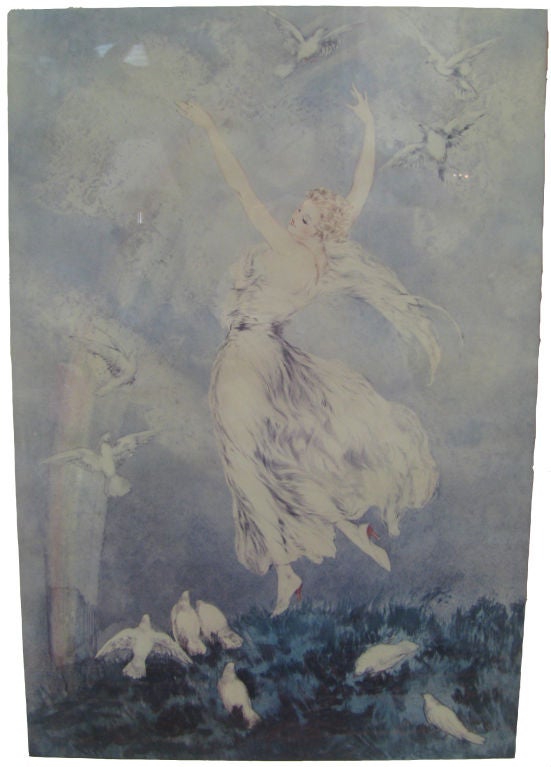 French Beautiful Woman with Doves Etching by Louis Icart