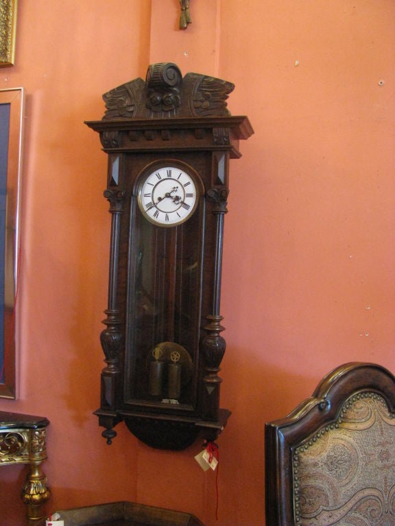 Vienna Regulator, Large German Antique Wall Clock, 2 Weight, Hand Carved.