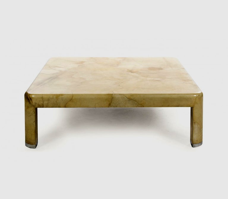 Large lacquered goatskin leather coffee table with chrome feet