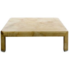 Large lacquered goatskin leather coffee table with chrome feet