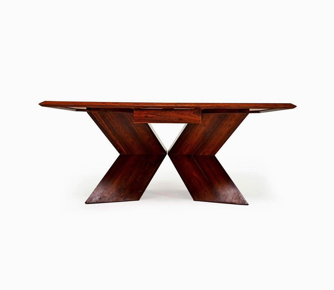 A diamond desk and a matching armchair designed and made by Don Shoemaker in Mexico, circa 1960s. Made from solid Mexican rosewood cocobolo, the desk features a patchwork top surface with contrasting light wood inlaid lines, supported by diamond