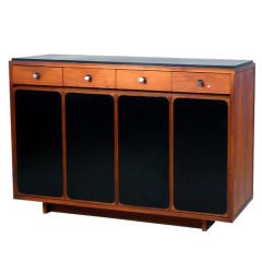 Paul McCobb walnut slate top cabinet with leather front