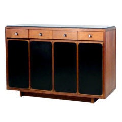 Paul McCobb walnut slate top black cabinet  with leather front