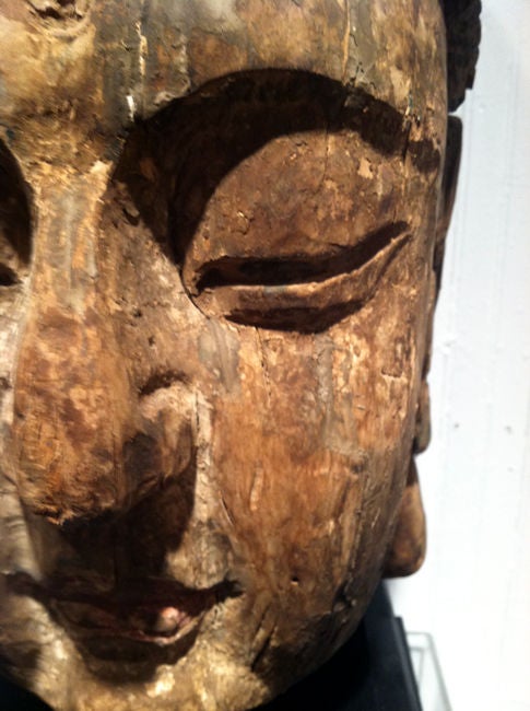 Chinese Large Polychromed Wood GuanYin Head on Stand For Sale