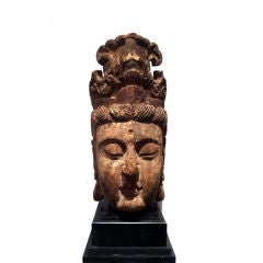 Large Polychromed Wood GuanYin Head on Stand 8