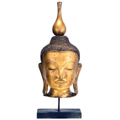 Gilted Wood Buddha Head Sculpture