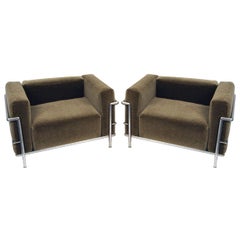 Pair of LC-3 Armchairs in Green Mohair by Le Corbusier