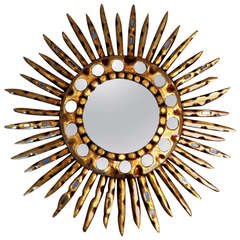French Mid-Century Sunburst Gilt Wood Mirror