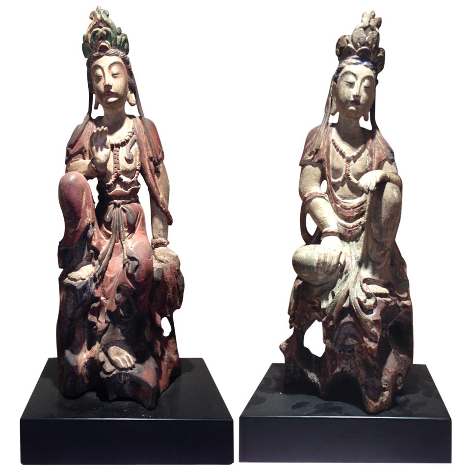 Pair of Chinese Wood Statues of Guanyin, "The Goddess of Mercy"
