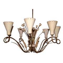 Mid century brass enamel chandelier in the style of Paavo Tynell