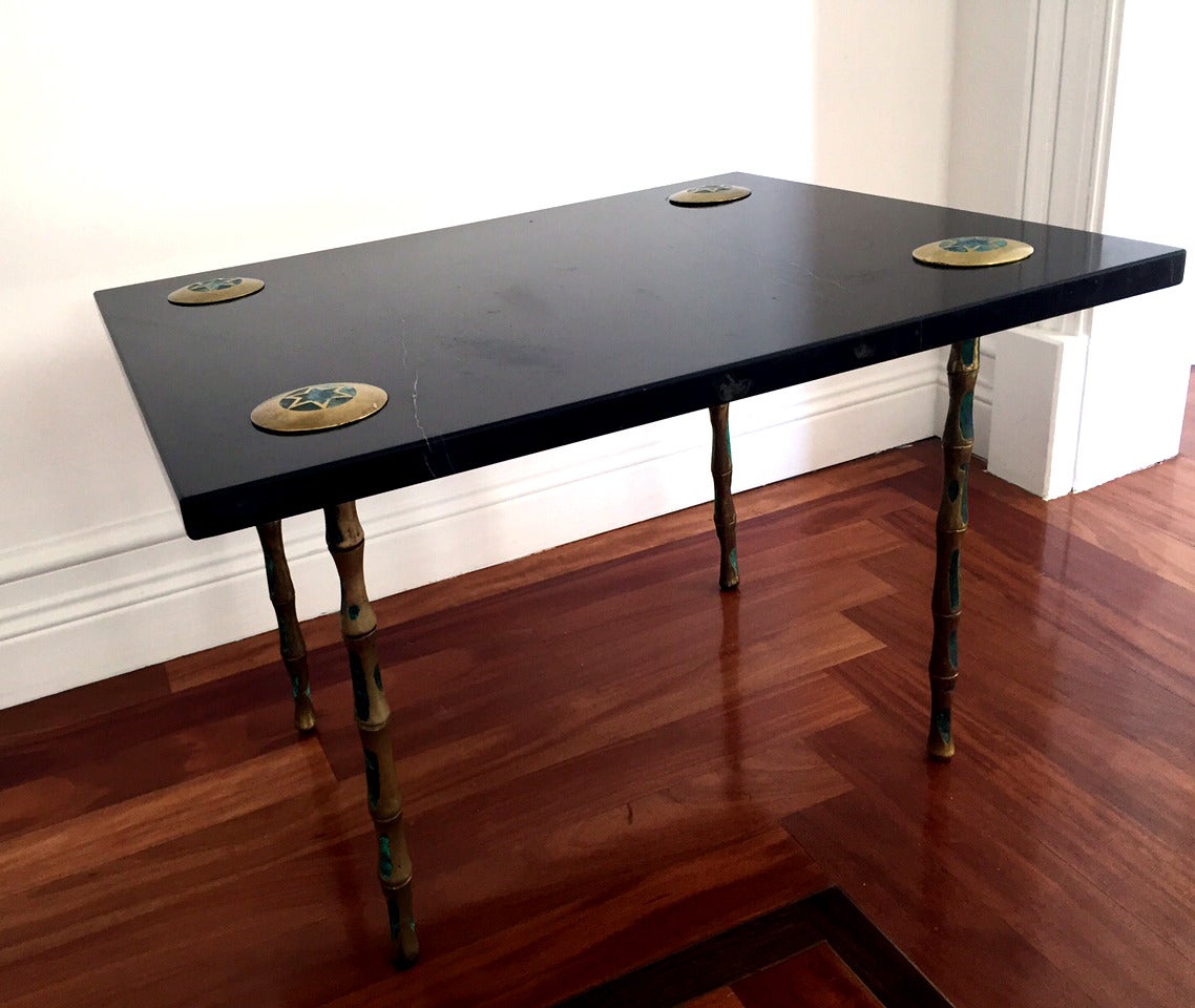 Mexican Rare Marble and Inlaid Brass Table by Pepe Mendoza For Sale