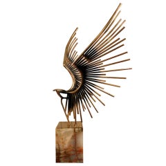 Brass Sculpture Bird in Flight on Onyx Pedestal C Jere