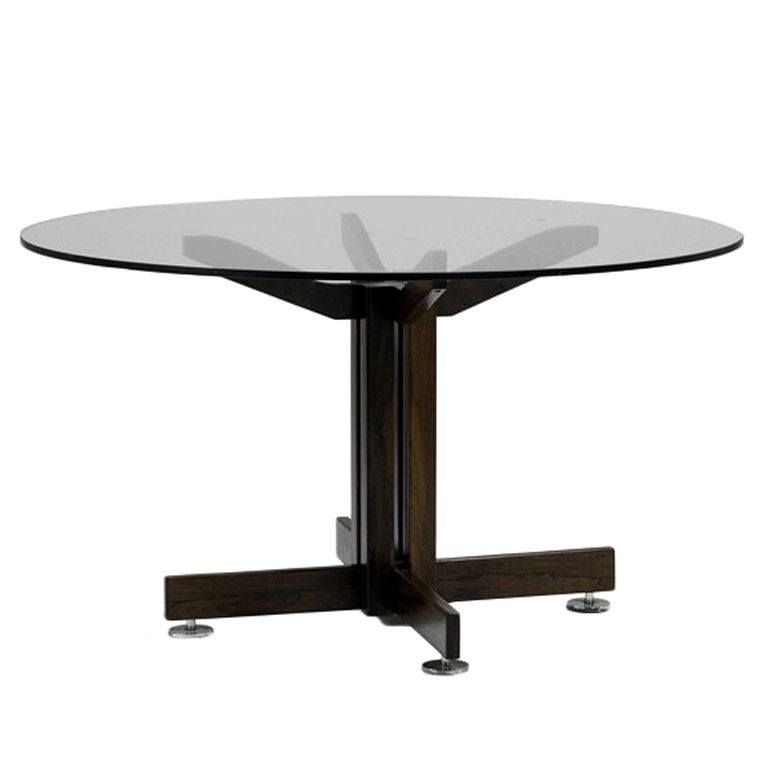 The table on offer was constructed with solid Brazilian jacaranda with a central support and crossed legs completed with chrome disc feet. Minimalism silhouette shows off the beautiful grains of wood and the cross-construction shape. Based on our