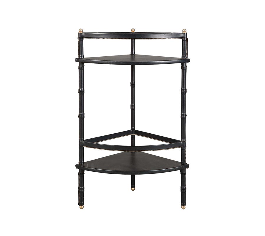 Leather wrapped and stitched corner shelf brass table