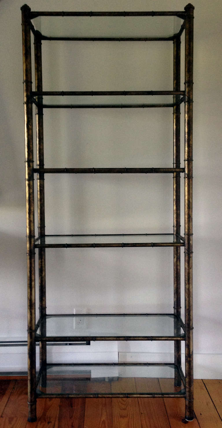 Mid-20th Century Pair Hollywood Regency shelves etagere patinated metal and glass