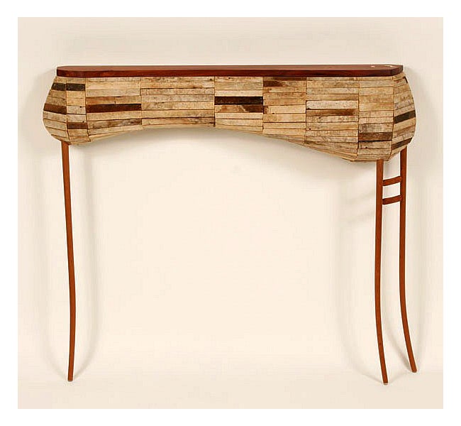 A unique studio piece crafted console table by furniture artist Nick Allman in his Hull series. Constructed from cherry and patchwork of salvaged lathe boards. Very elegant form and striking contrast between naturally aged lathe boards and cherry