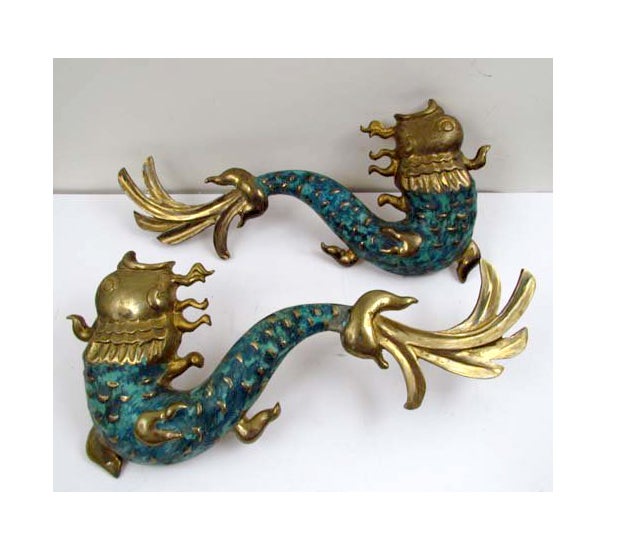 A pair of stunning bronze door handle crafted by Pepe Mendoza. In auspicious Koi (Chinese Carp) design which is one of the fortunate FengShui Symbols. Sold bronze casting with applied green patina. 
Flat mounts on the back and foundry stamps as